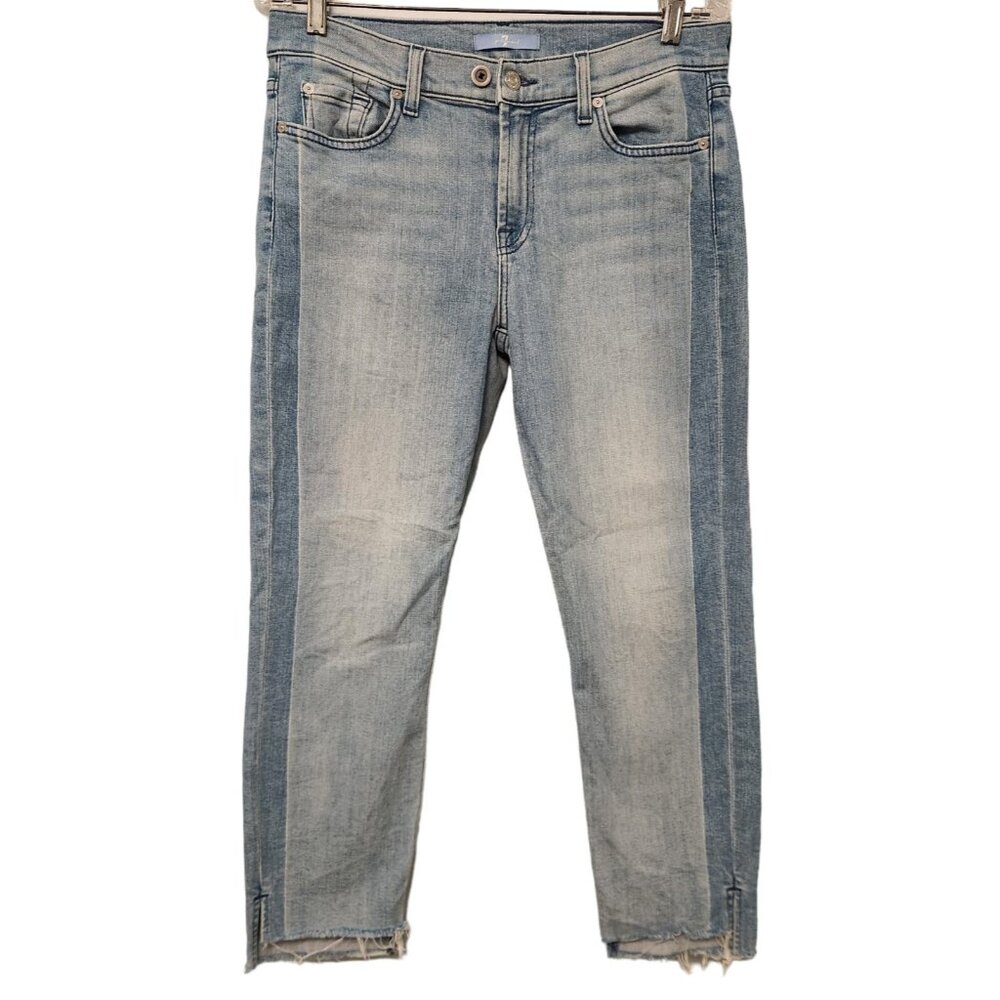 7 For All Mankind Skinny‎ Jeans High Rise Distressed Ankle Side Stripe Sz 30 EUC